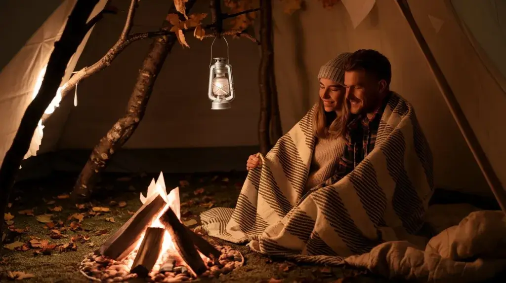 Romantic indoor camping scene with a faux fire, and a couple wrapped up in a blanket.
