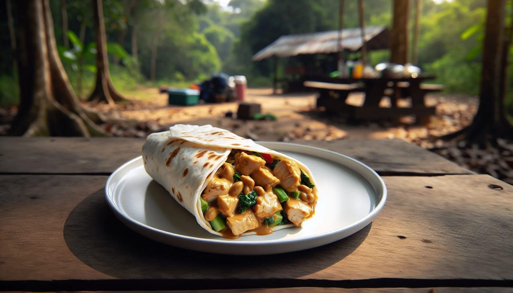 Thai peanut chicken wrap on a white plate sitting on a picnic table at camp.