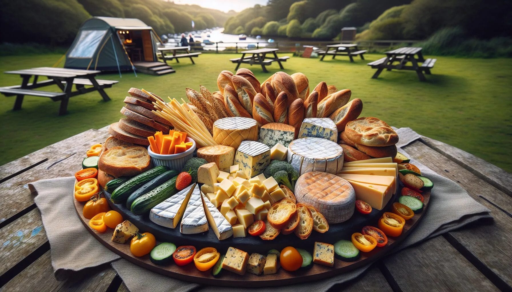Ploughmans lunch platter with a mix of cheese, bread and fresh veggies sitting on a picnic table at camp.