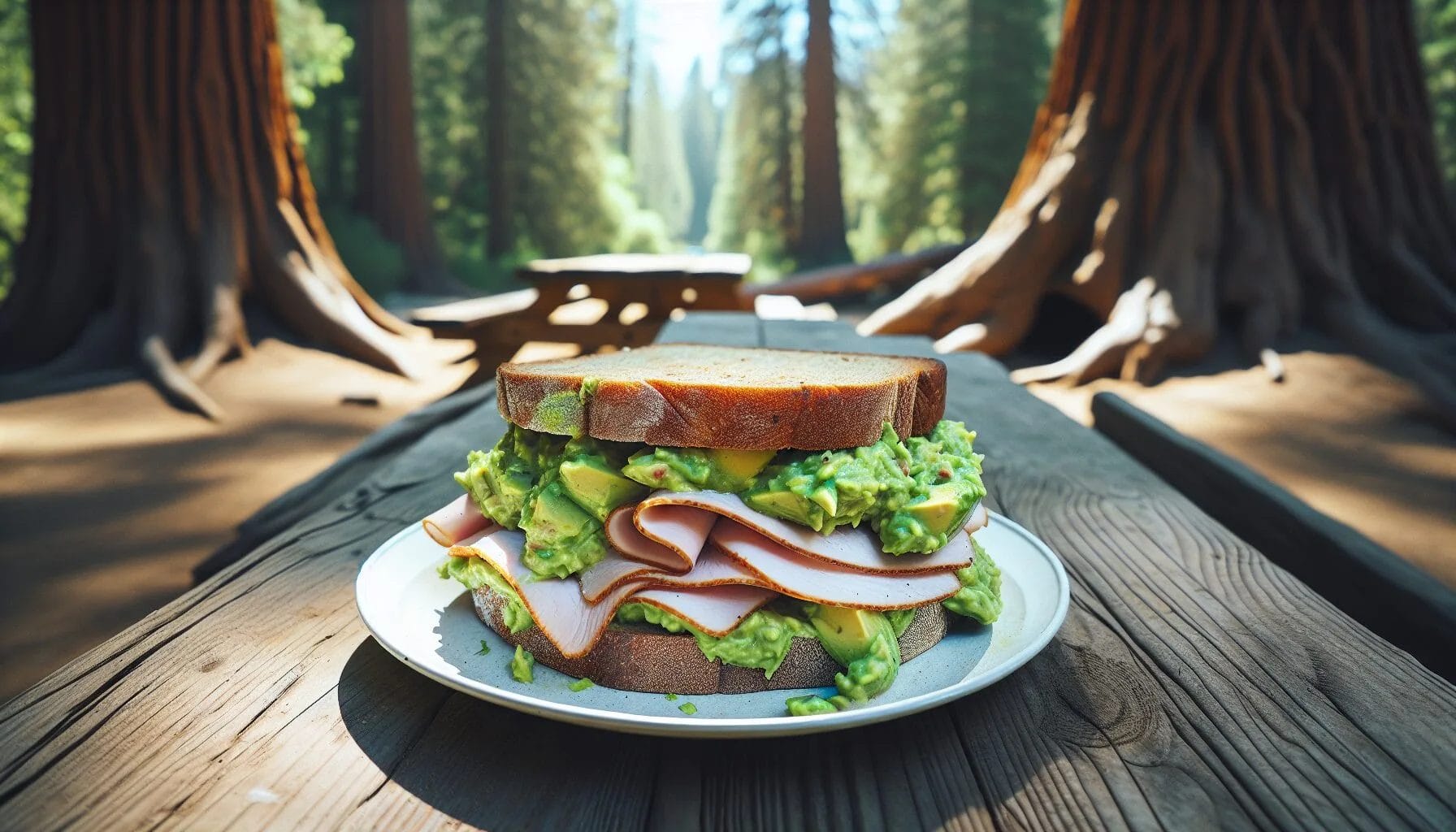 Turkey and guacamole sandwich on wheat bread on a picnic table in the forest.
