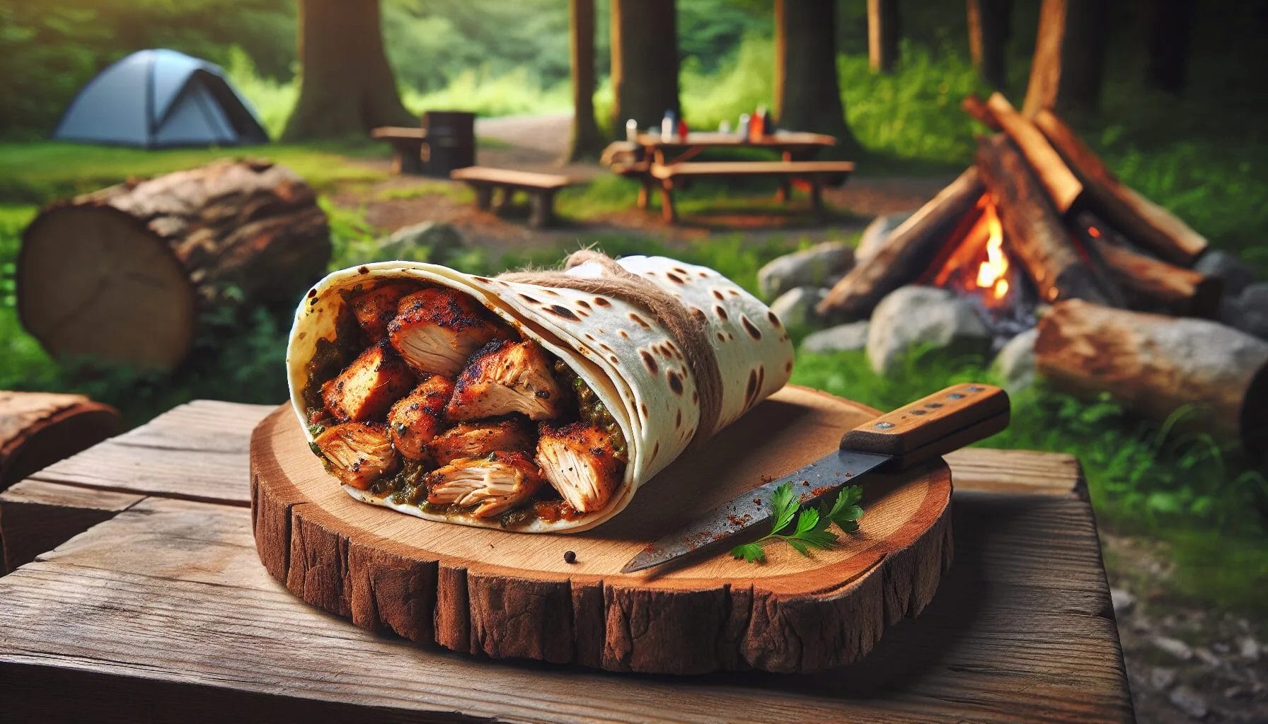 Caribbean jerk chicken wrapped in a tortilla sitting on a picnic table at camp.