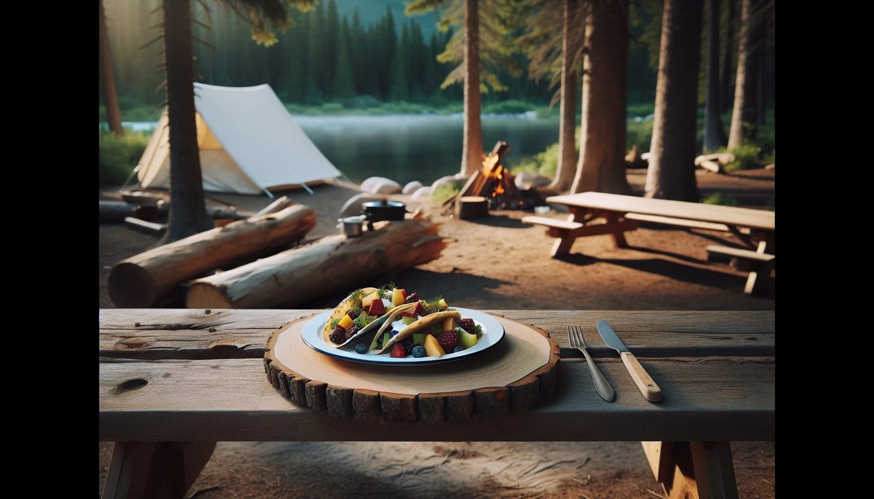 Fruit and nut butter tacos sitting on a white plate on a picnic table at camp.
