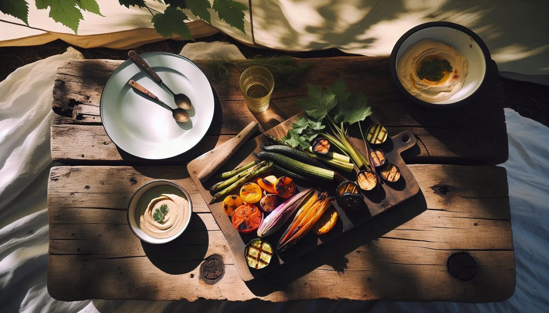 Roasted vegetable and a side of hummus on a wooden cutting board with a white plate and two spoons.