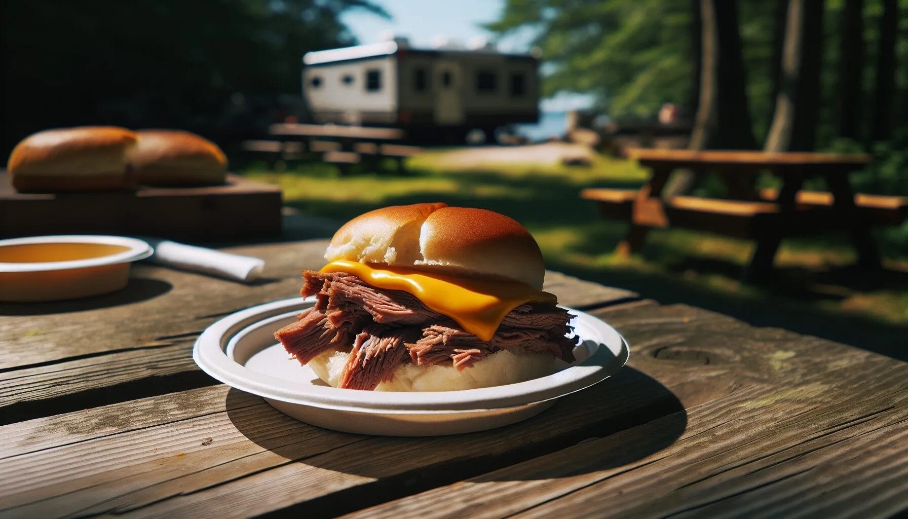 Roast beef and cheddar slider sitting on a picnic table at camp.