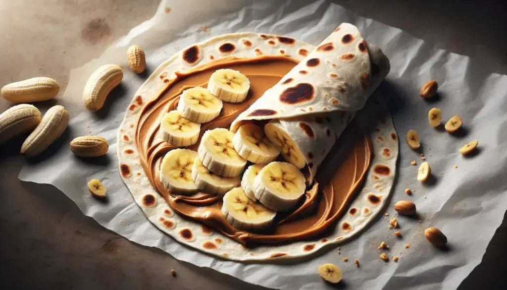 Peanut butter and banana wrapped in a tortilla.