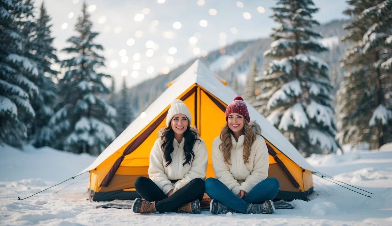 A cozy winter camping scene with a tent and snow-covered pine trees, featuring attractive young ethnic women wearing chunky sweater, waterproof boots, colorful scarf and a stylish beanie.