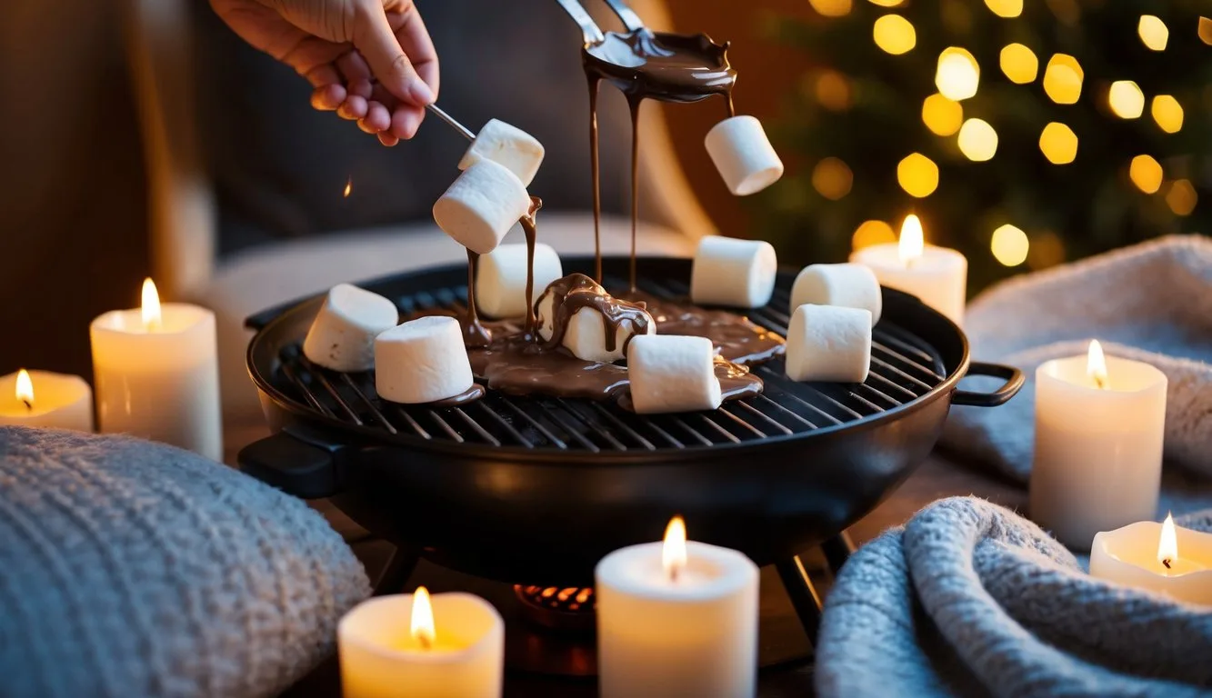 Melted marshmallows and chocolate on a sizzling indoor grill, surrounded by cozy blankets and flickering candles