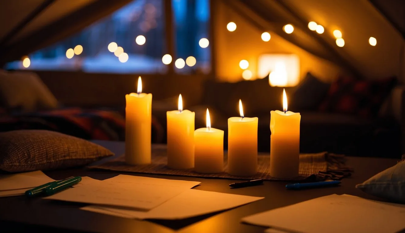 Candles flicker in a dimly lit room, casting a warm glow on a table set with paper and pens. A cozy indoor camping scene is set with blankets and pillows, creating a romantic atmosphere for a haiku poetry contest