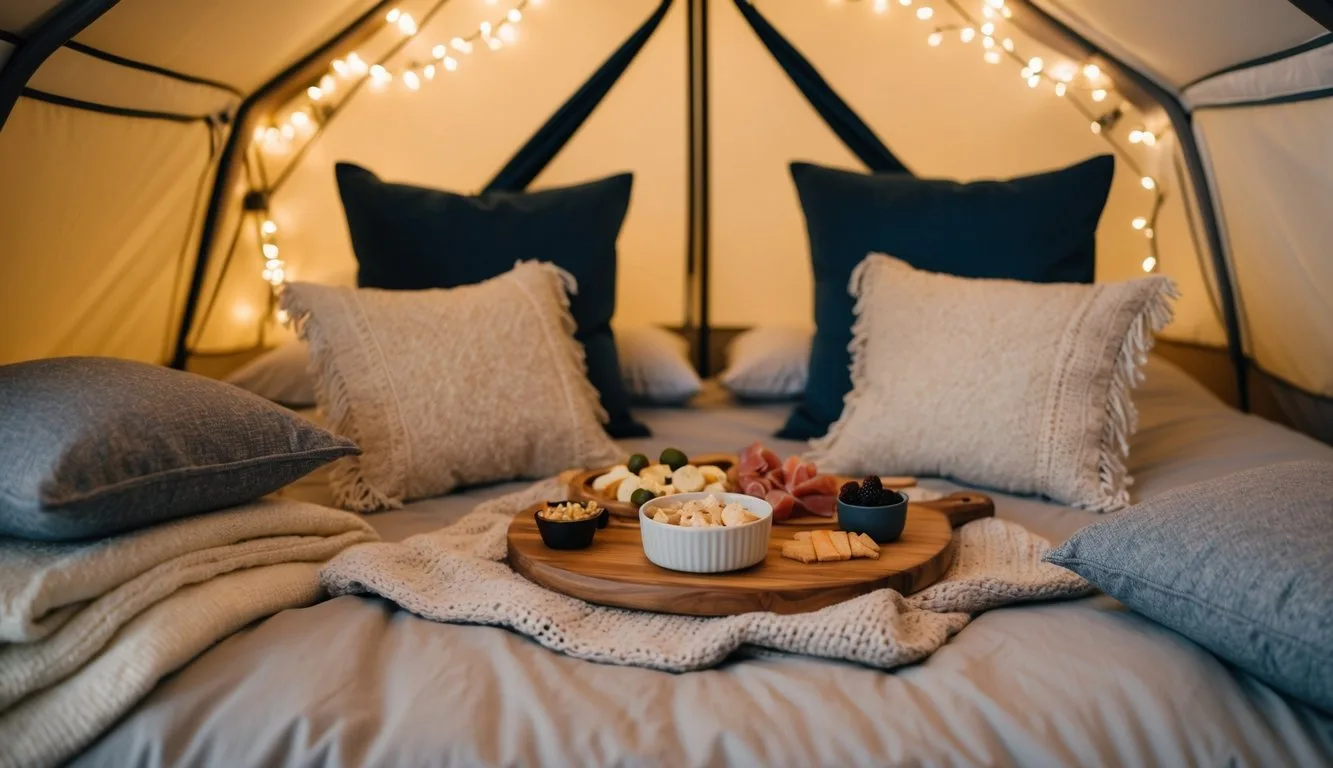A cozy indoor campsite with a charcuterie board for two, surrounded by soft blankets, pillows, and twinkling fairy lights