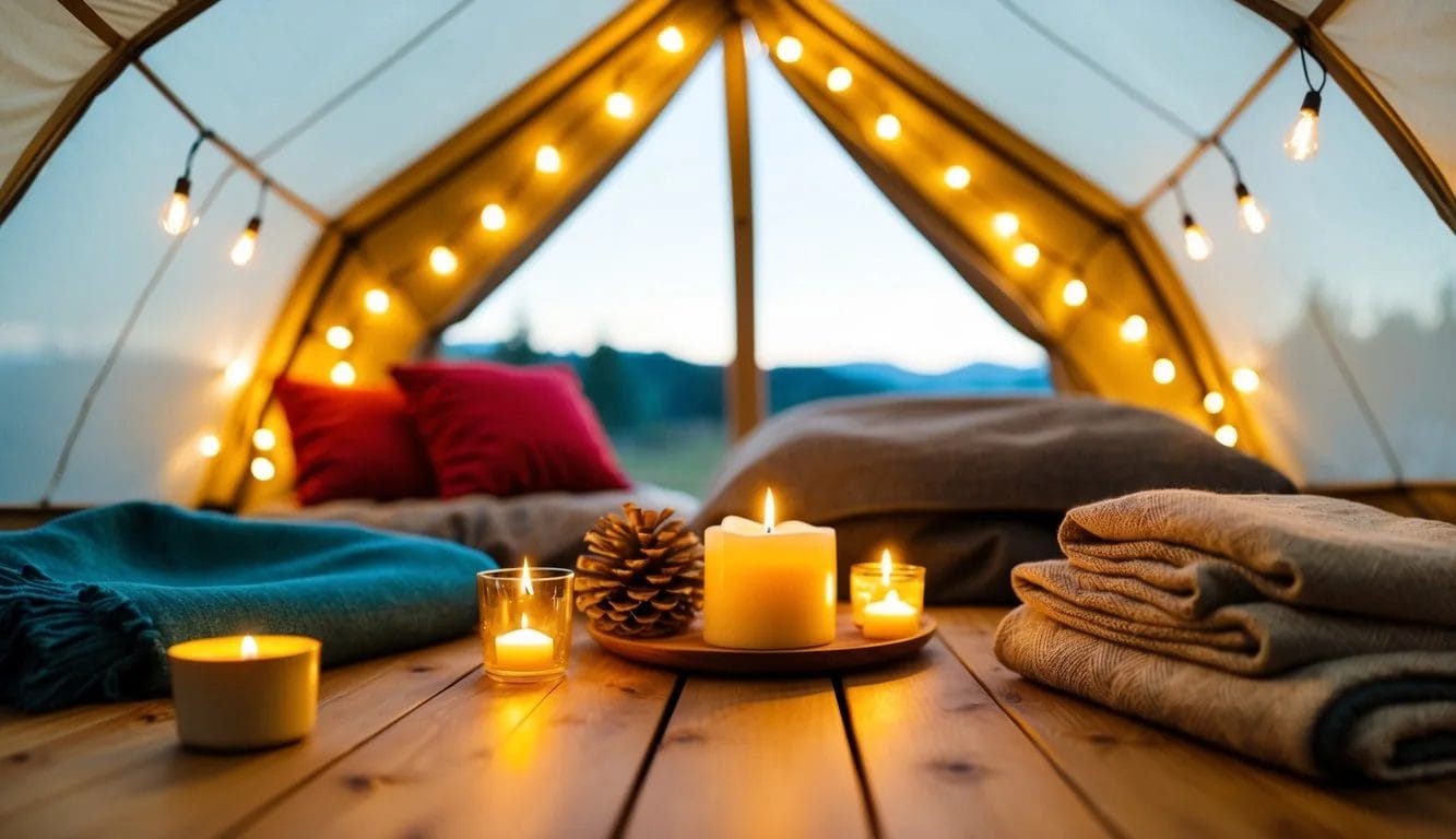 A cozy indoor camping setup with scented candles, blankets, and fairy lights creating a romantic ambiance