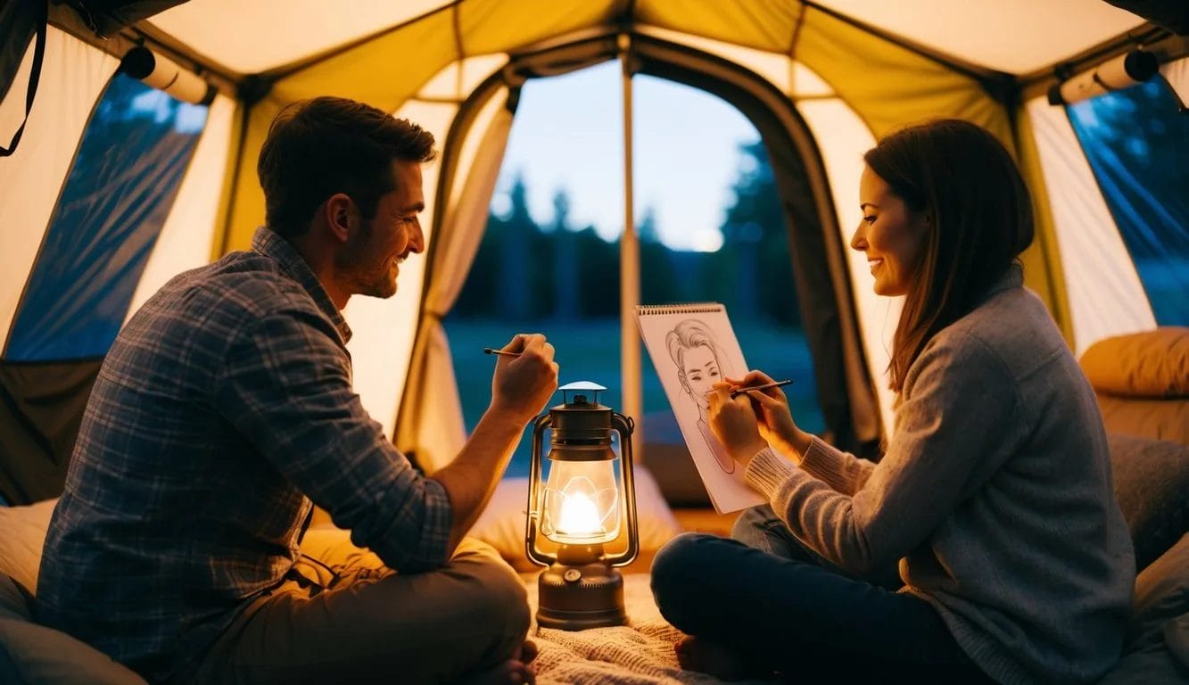 A couple sits facing each other, sketching each other's portraits by the glow of a lantern in a cozy indoor camping setup