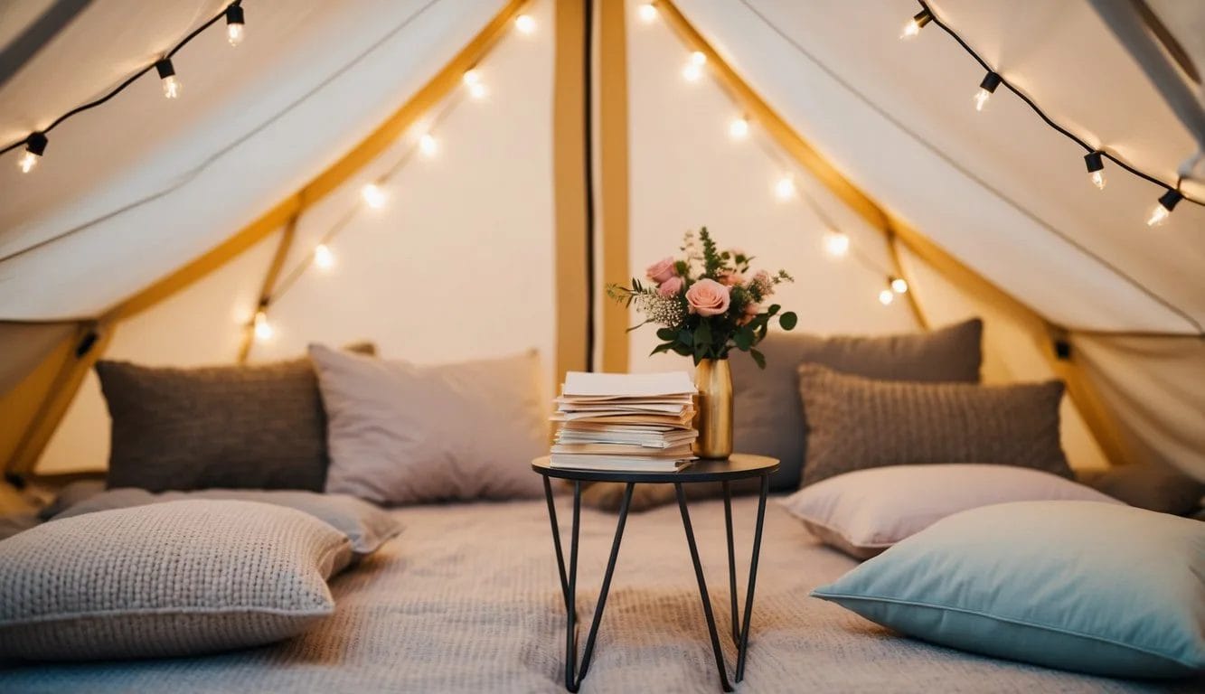 A cozy tent with soft blankets, pillows, and twinkling lights. A small table holds a stack of love letters and a vase of flowers