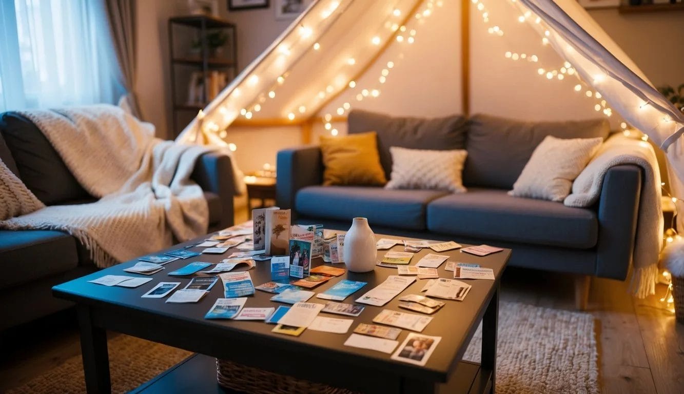 A cozy living room with a makeshift tent made of blankets and fairy lights. A table is covered with photos, ticket stubs, and other mementos
