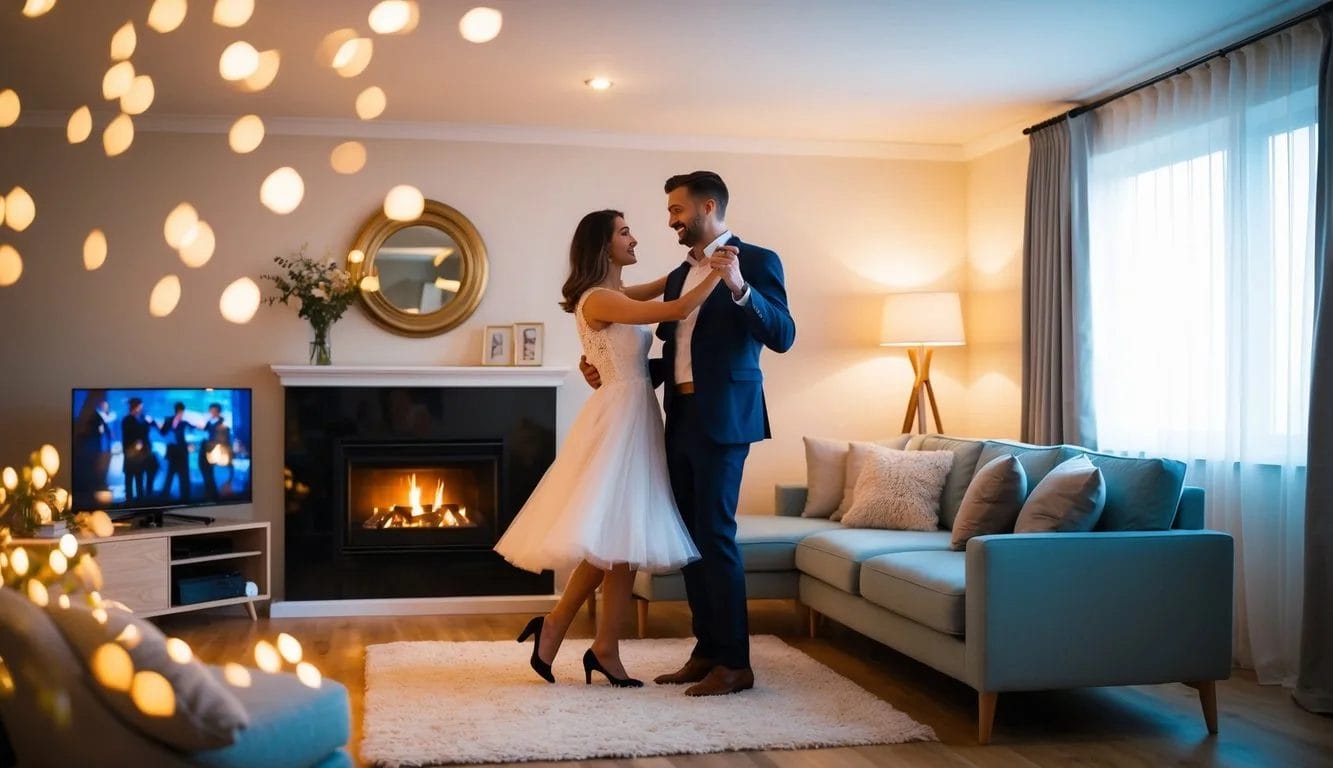 A cozy living room with soft lighting, a warm fireplace, and a couple dancing to romantic music