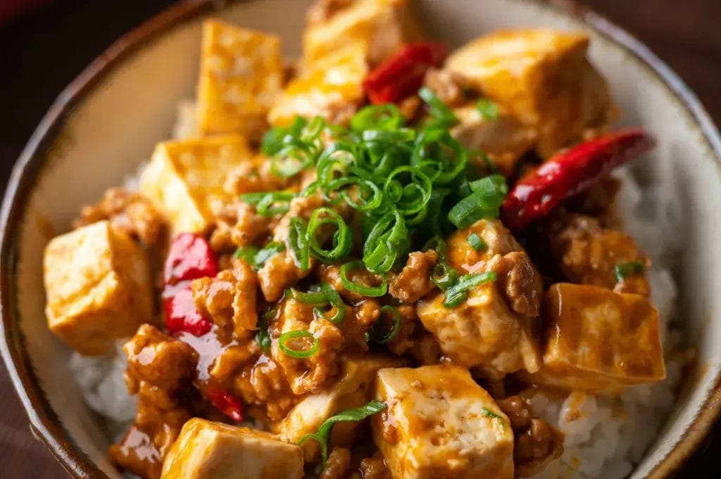 Asian style tofu on white rice.