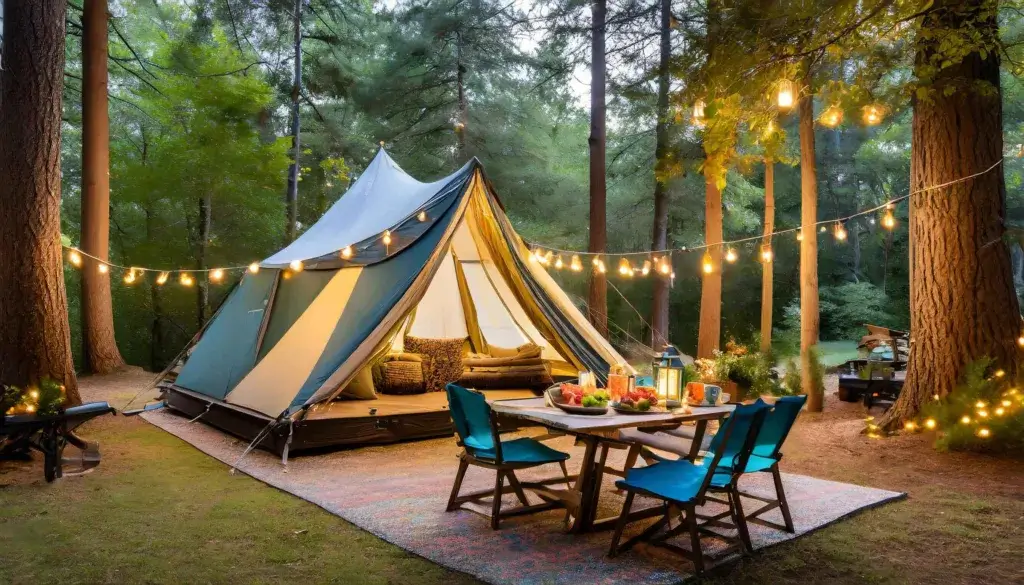 A colorful glamping tent nestled in a forest clearing, with twinkling lanterns, and a picnic