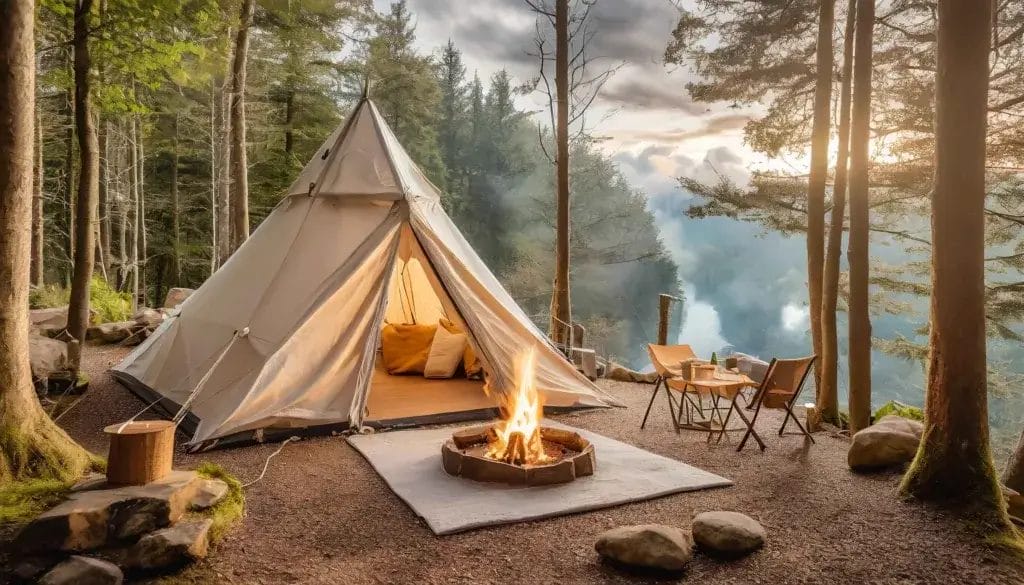 A cozy glamping tent nestled in the forest, complete with a crackling campfire, and families