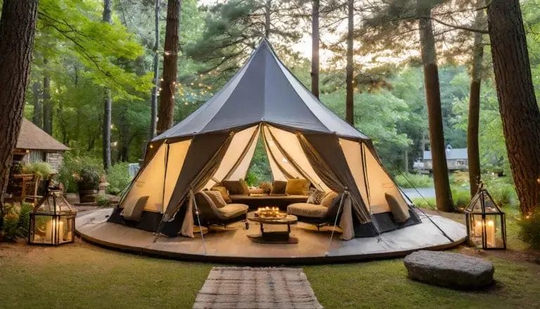 A cozy glamping tent nestled in the forest, with a family enjoying outdoor activities