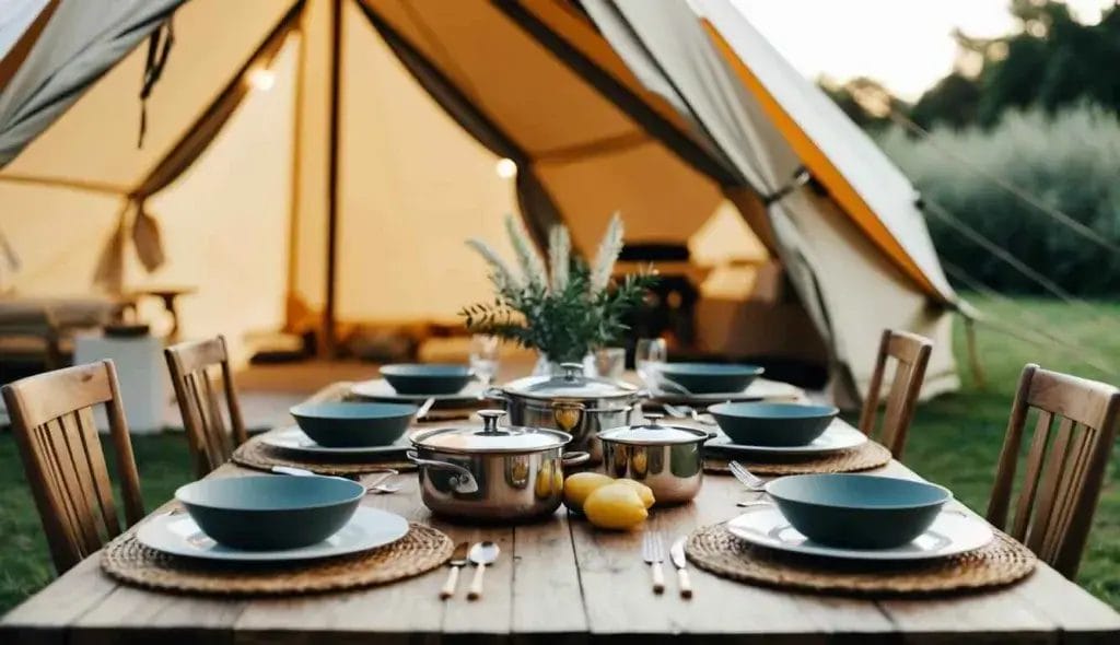 A cozy glamping setup with a rustic dining table set with elegant cookware, and a luxurious tent in the background