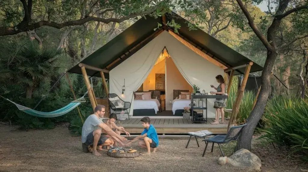 Father and two children cooking over a campfire with a glamping tent in the background.
