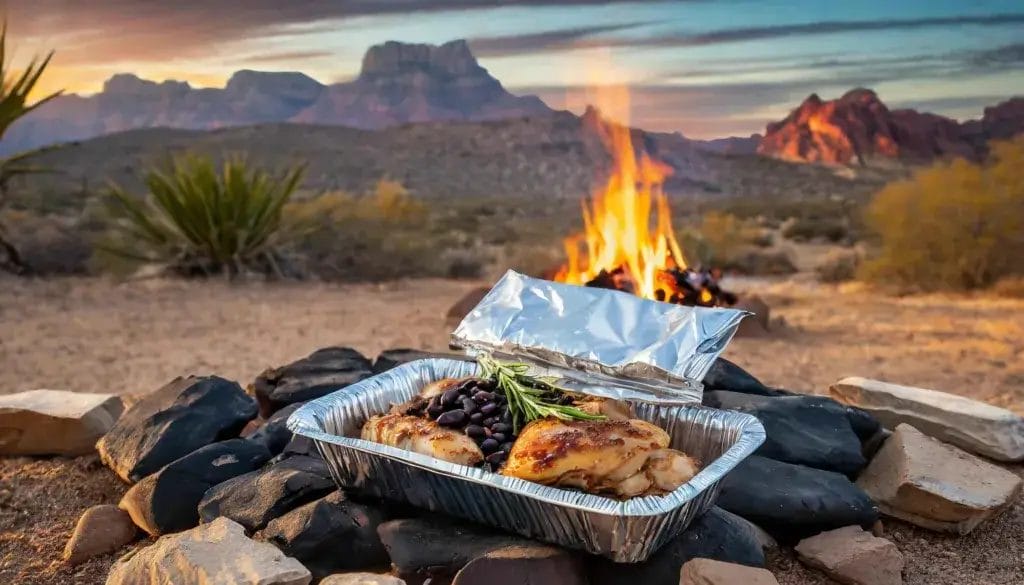 Chicken and black beans in a tin foil pack on a campfire.