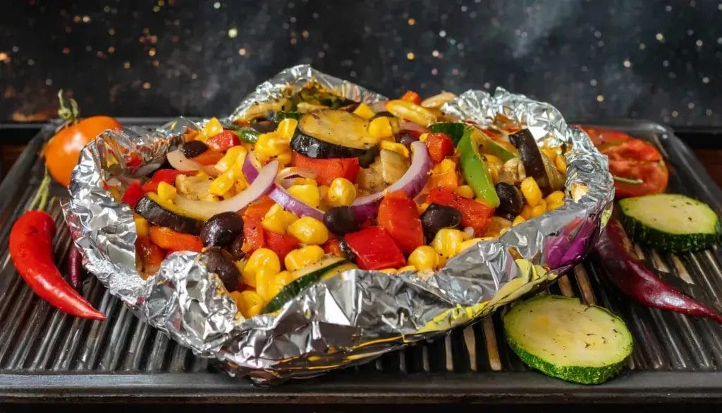 Tex mex veggies in a foil packet on a grill.