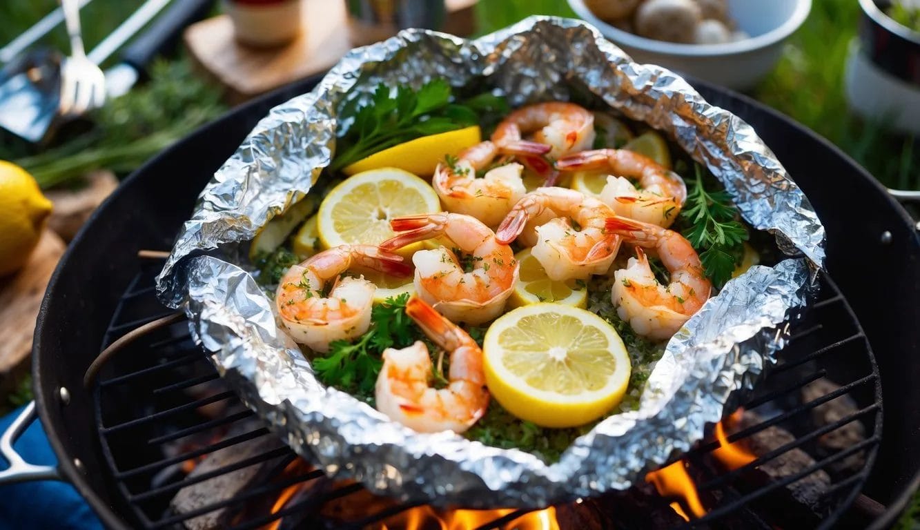 A foil pack filled with seasoned shrimp, lemon slices, and herbs, placed on a campfire grill. Surrounding the pack are various camping cooking utensils and ingredients