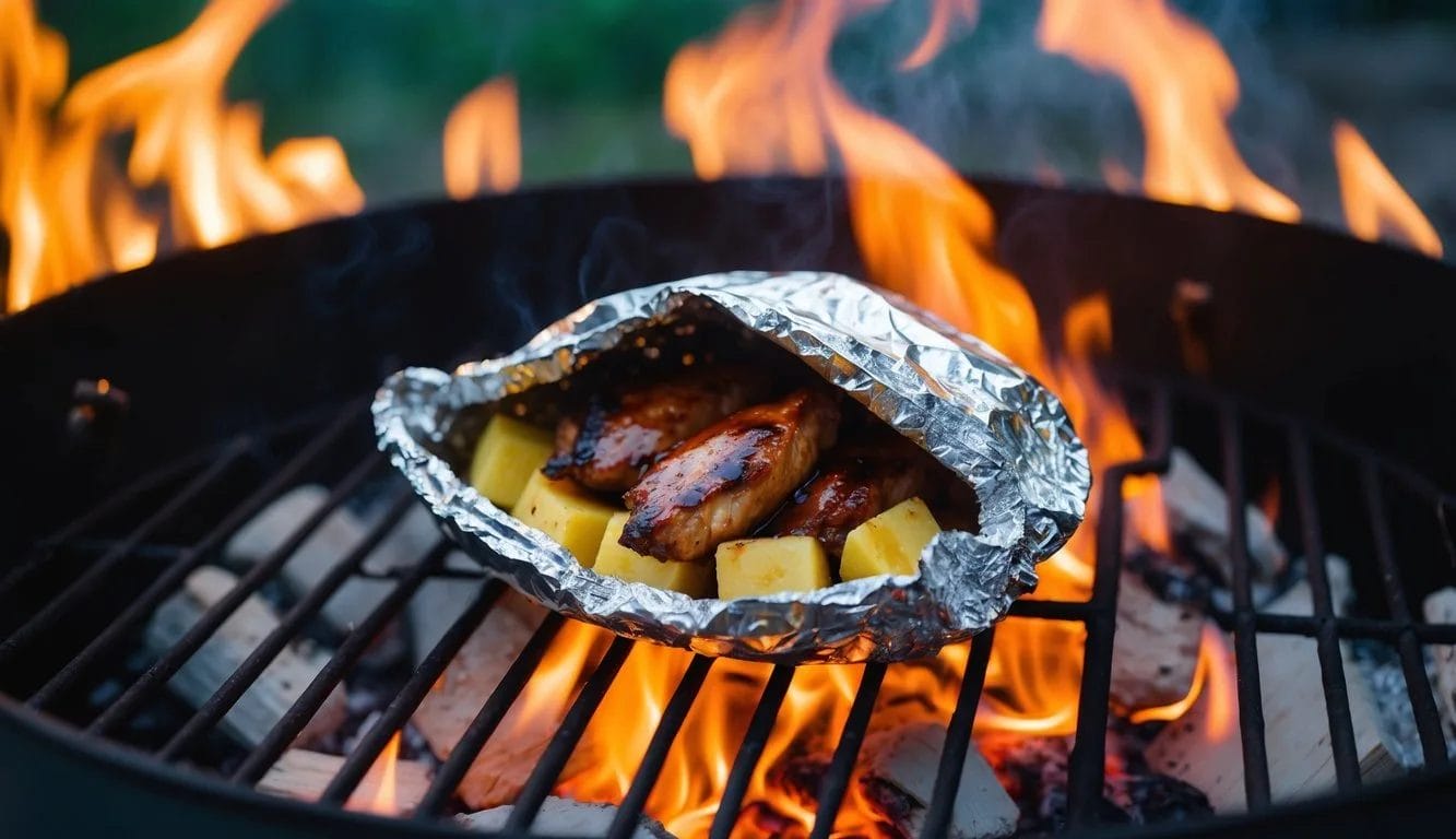 A foil pack filled with BBQ chicken and pineapple sits on a campfire grill, surrounded by the glow of the flames and the dark of the night
