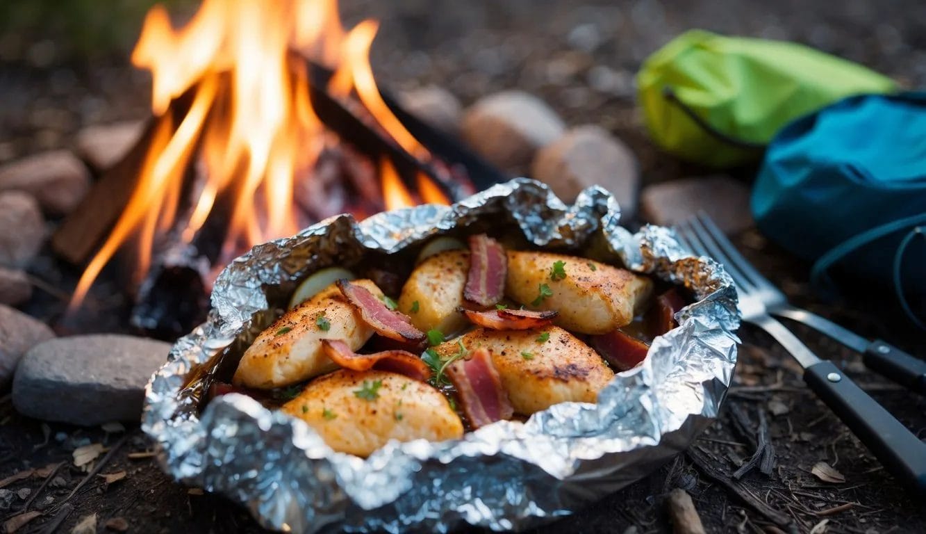 A foil pack filled with seasoned ranch chicken and bacon, surrounded by a campfire and camping gear