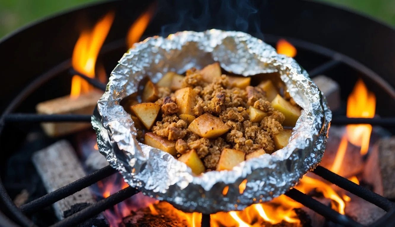 A foil pack filled with spiced apple crisp sits on a campfire grill, surrounded by glowing embers and the warm glow of the fire