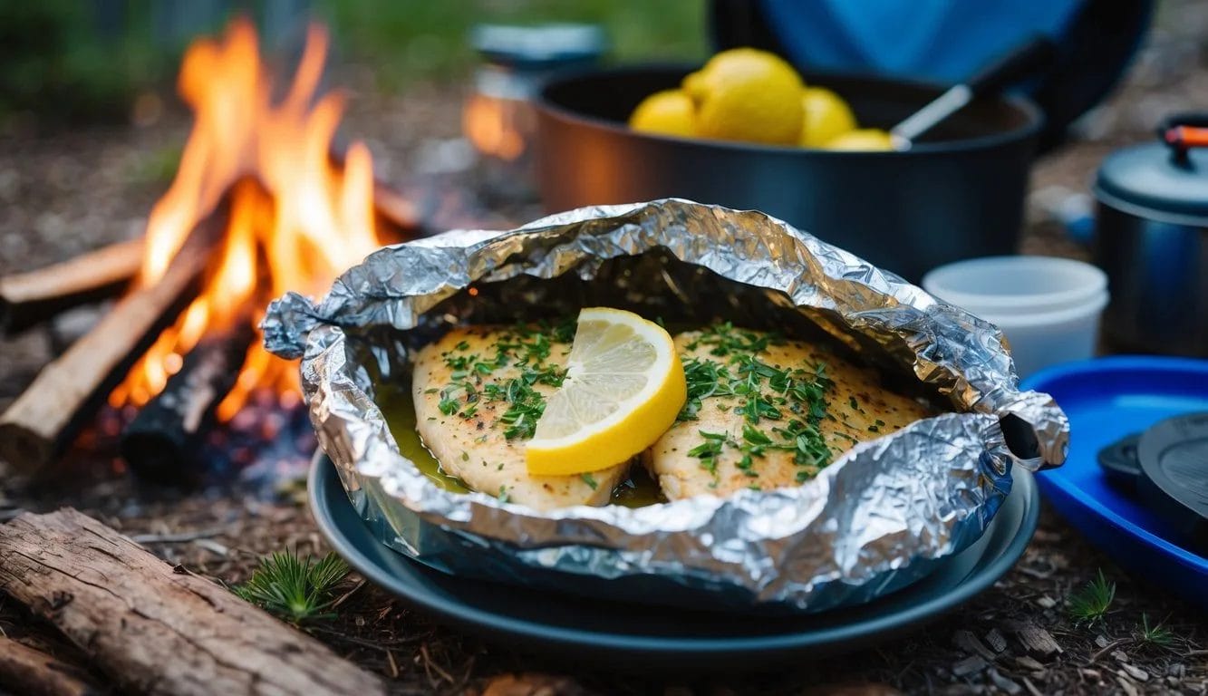 A foil pack filled with herbed lemon chicken surrounded by camping gear and a campfire