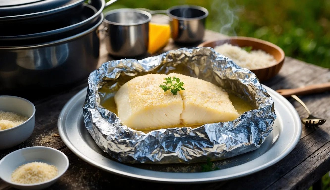 A foil-wrapped cod fillet, coated in parmesan, surrounded by camping cookware and ingredients on a rustic outdoor table