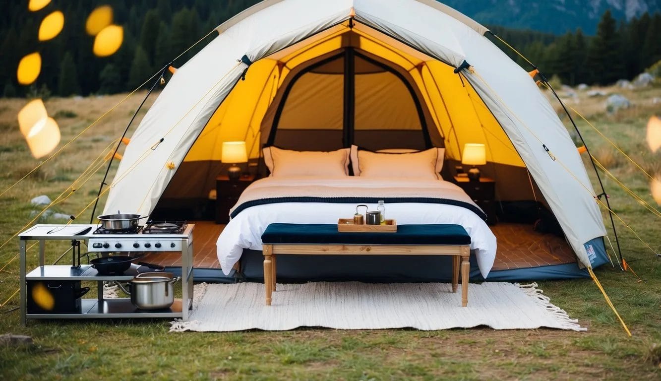 A luxurious camping setup with a spacious tent, cozy bedding, elegant furniture, and high-end cooking equipment surrounded by a picturesque natural setting