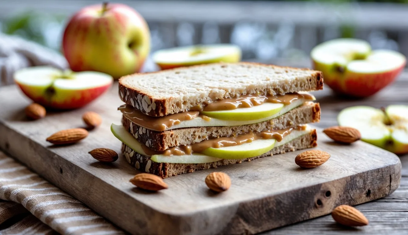 Apple and almond butter sandwich on a wooden cutting board with apple slices and almonds around it.