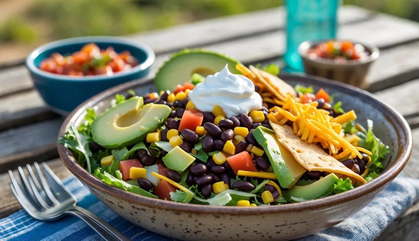 A bowl of no-meat taco salad with greens, beans, corn, avocado, cheese, tortilla strips, sour cream, and salsa on a wooden picnic table outdoors.