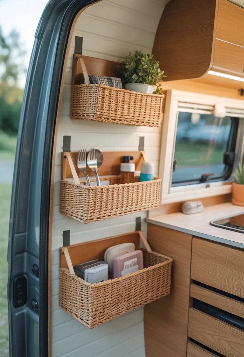Interior of a small camper with lightweight baskets hung on walls using adhesive strips, holding various camping items.