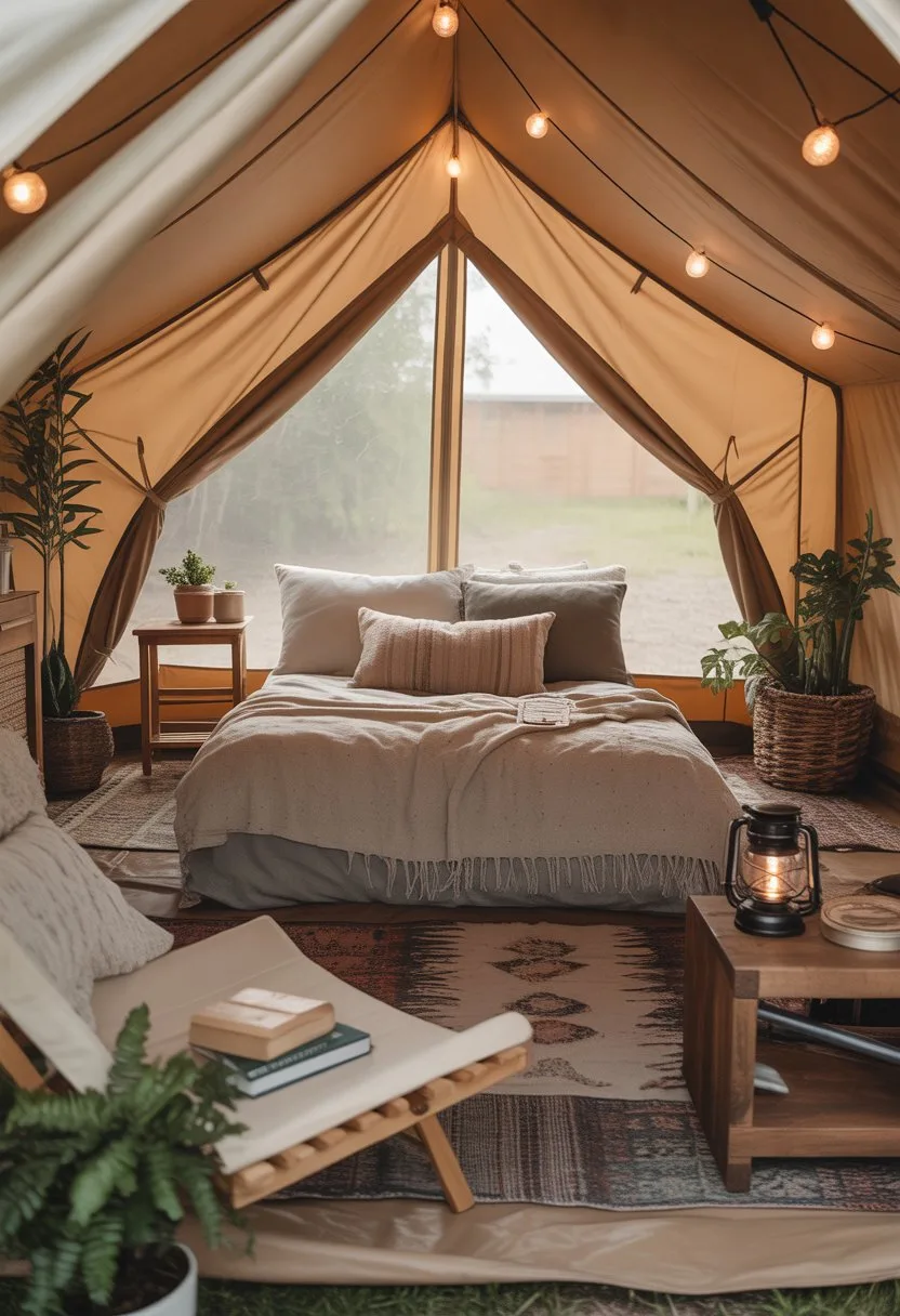Interior of a spacious glamping tent with cozy bedding, wooden furniture, plants, and soft natural light.