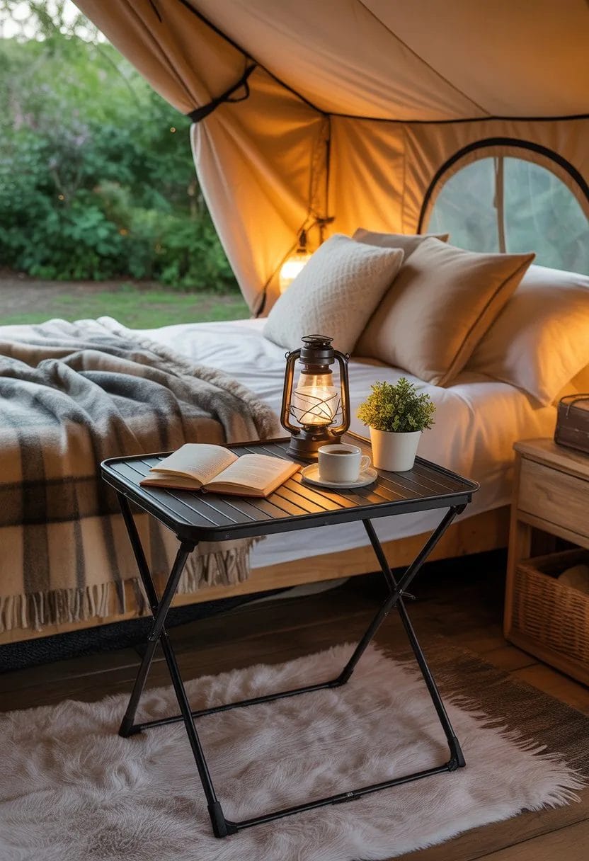 Interior of a glamping tent showing a folding side table with a lantern, book, coffee cup, and plant next to a bed with blankets and pillows.