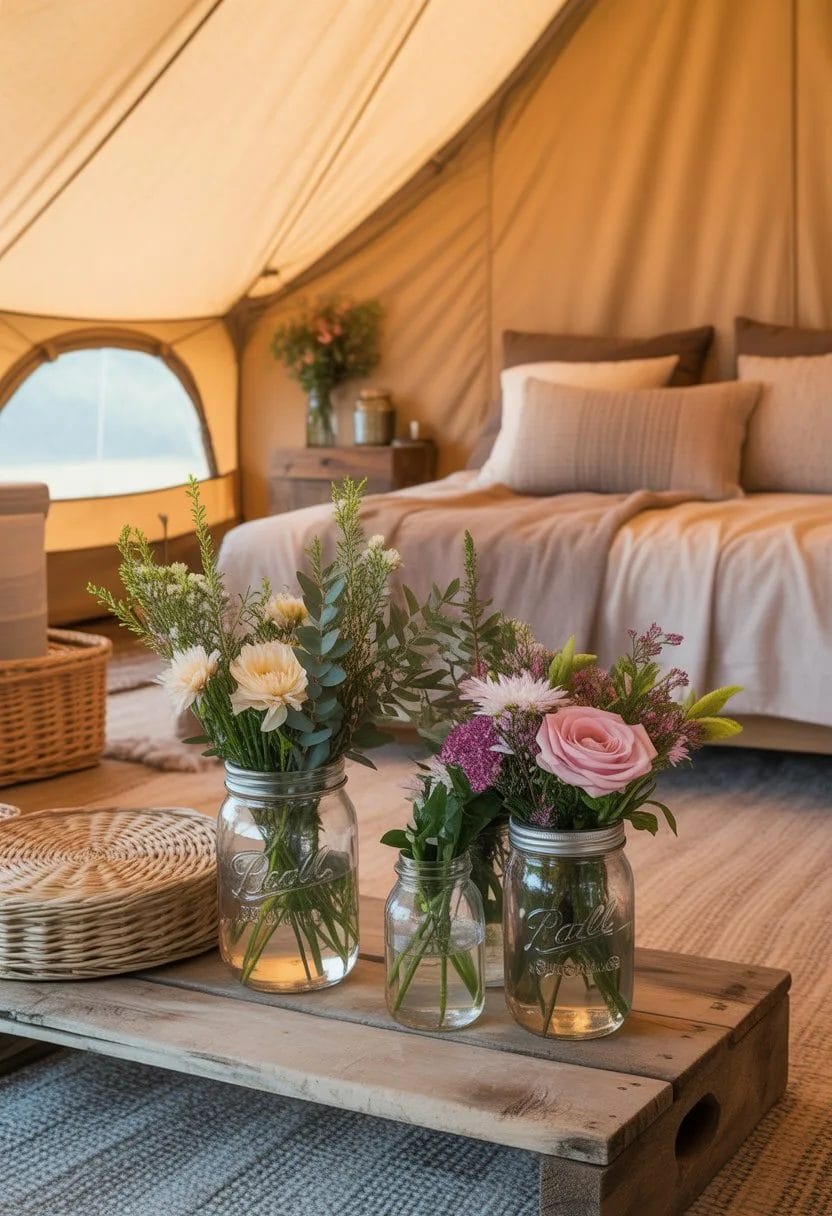 Interior of a glamping tent with mason jars holding fresh flowers on wooden surfaces, surrounded by cozy bedding and camping accessories.