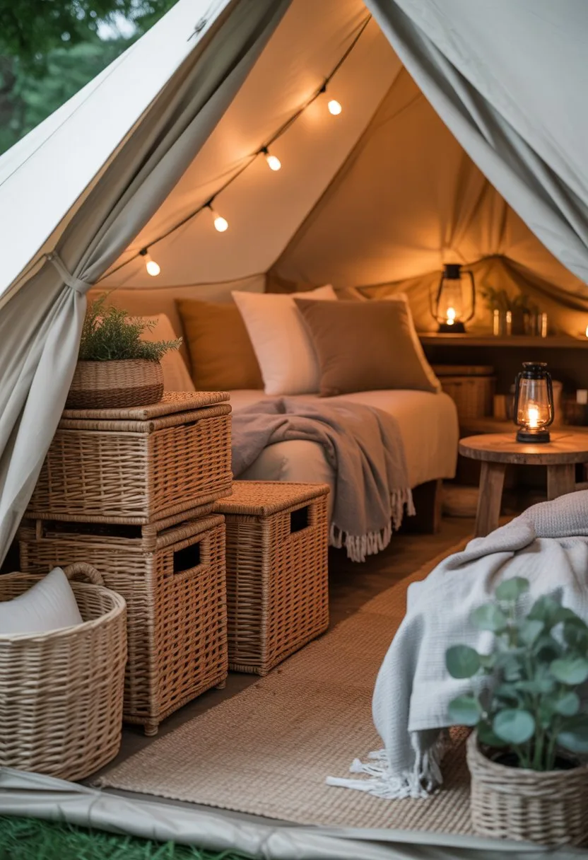Interior of a cozy glamping tent with woven baskets used for storage, soft textiles, wooden furniture, and warm lighting.