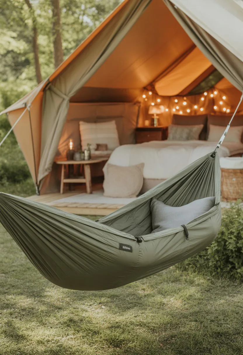 A lightweight camping hammock set up near an open glamping tent with cozy bedding and soft lighting in a natural outdoor setting.
