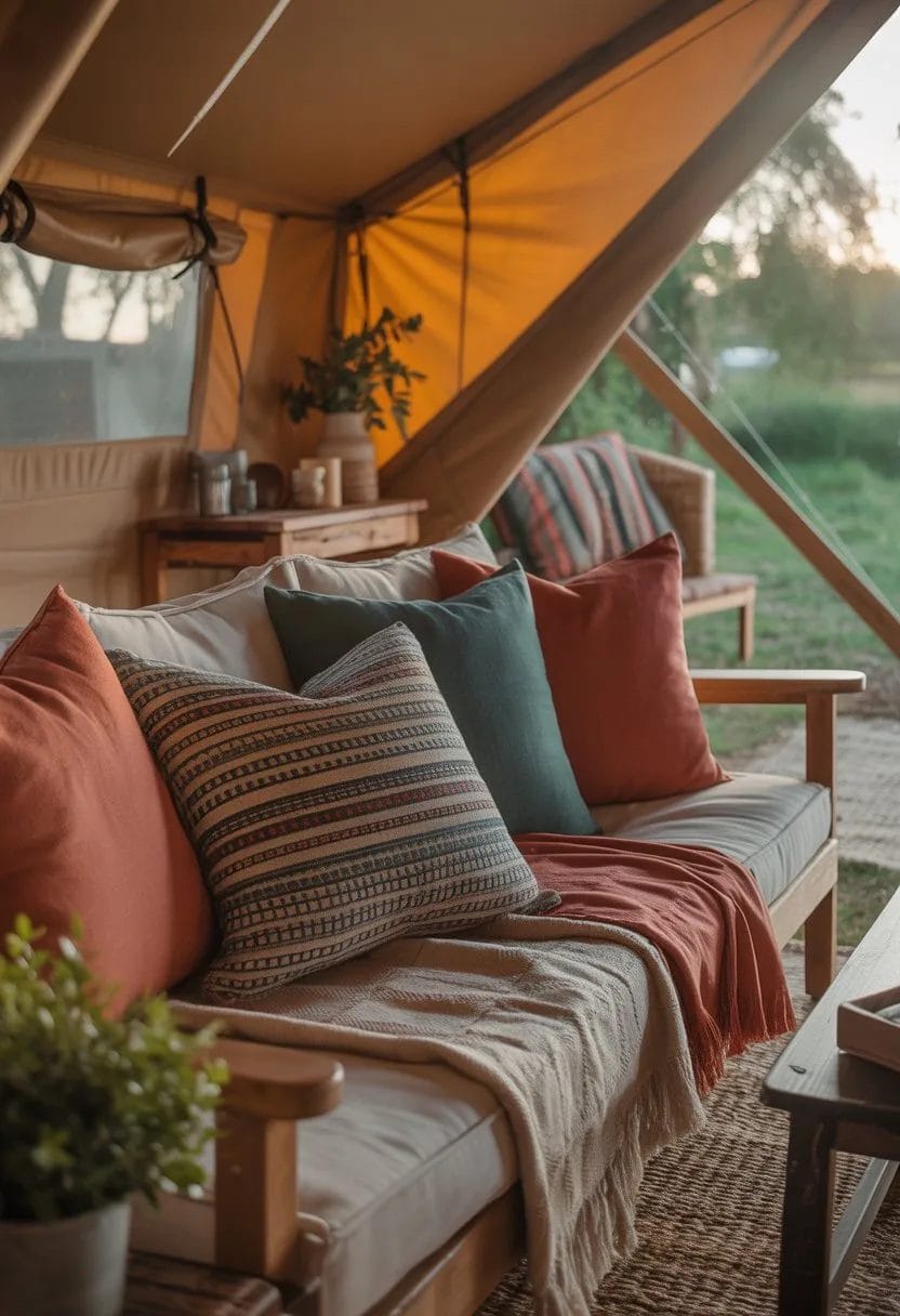 Interior of a glamping tent with a seating area decorated with patterned and solid throw pillows, wooden furniture, and soft blankets.