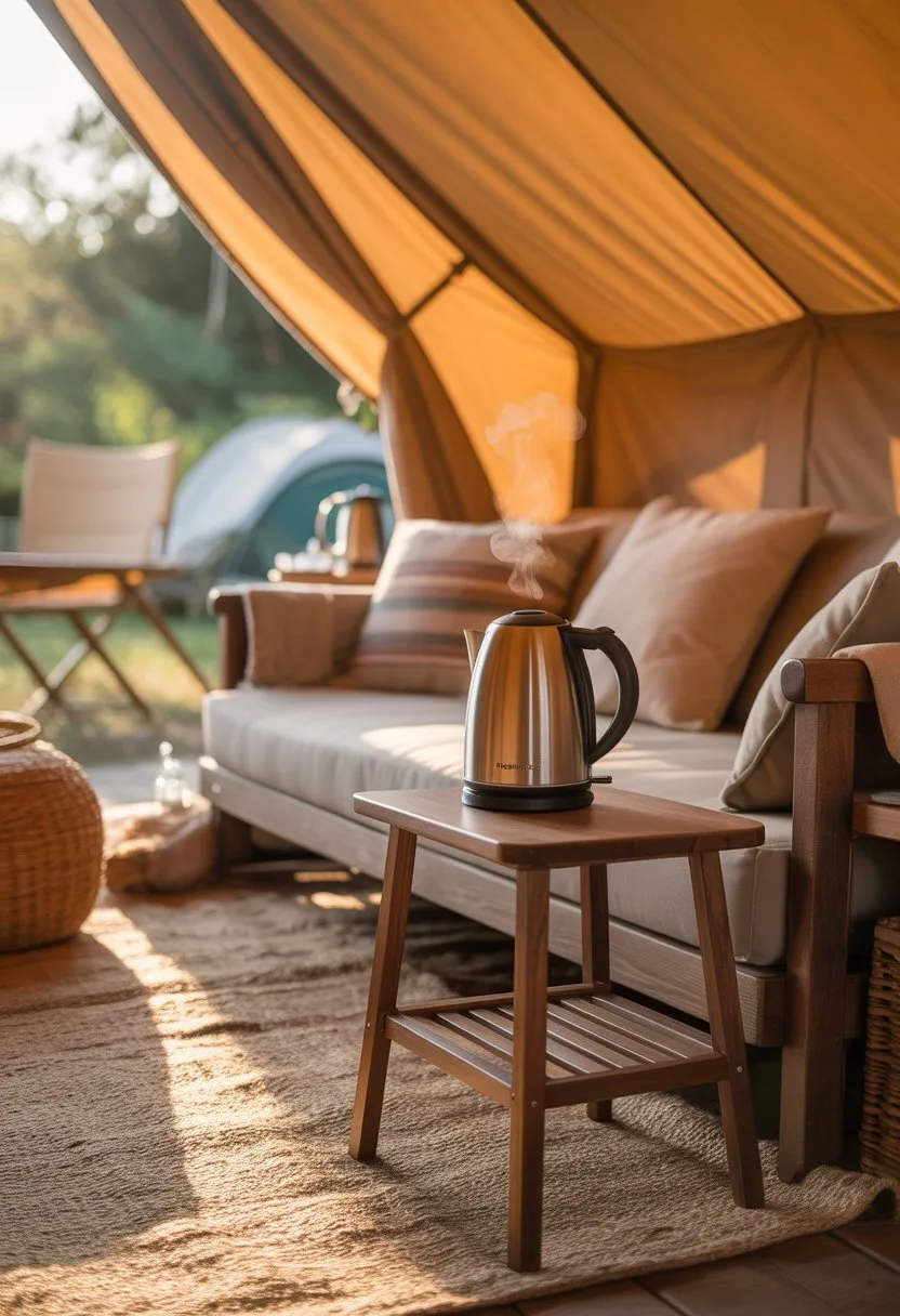 Cozy interior of a glamping tent with a battery-operated electric kettle on a wooden table next to cushions and rustic decor.