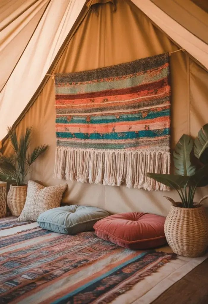 A cozy glamping tent interior with soft natural light. The focal point is a colorful, boho-style fringed wall hanging displayed on the back wall, adding texture and personality to the space. The wall hanging features vibrant woven patterns and long fringe in earthy tones, with hints of turquoise and coral. Around it, there are plush floor cushions, a woven rug, and a few potted plants, creating a warm, inviting atmosphere. The overall vibe is relaxed, eclectic, and effortlessly stylish—showcasing how a simple wall hanging can transform a blank tent wall into a cozy retreat.