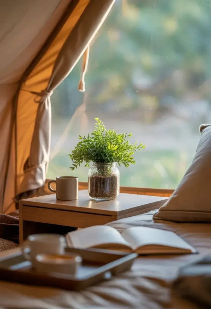 Inside a stylish glamping tent, a small tabletop plant sits on a wooden nightstand or low table. The plant could be a succulent in a ceramic pot, a tiny fern, or a pothos in a glass jar, adding a pop of fresh green to the cozy space. Soft morning light filters through the tent fabric, highlighting the plant’s leaves. Around the plant, there might be a mug, a book, or a breakfast tray, enhancing the inviting, lived-in feel. The overall scene is peaceful and welcoming, showing how a simple plant brings nature and calm energy inside the tent.