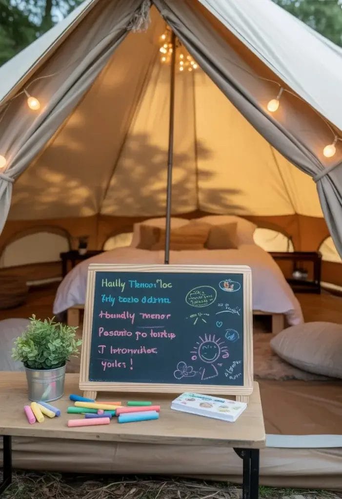 Inside a stylish glamping tent, a small chalkboard or whiteboard is propped up on a table or hung on the tent wall. The board features handwritten notes, a playful daily menu, or doodles—adding a touch of personality and creativity to the space. Around the board, there might be colorful chalk or markers, and perhaps a few decorative touches like a small potted plant or fairy lights. The cozy tent interior includes inviting bedding and relaxed seating, creating a warm and organized atmosphere. The scene highlights how a simple board can keep everyone informed and add a fun, interactive element to the glamping experience.