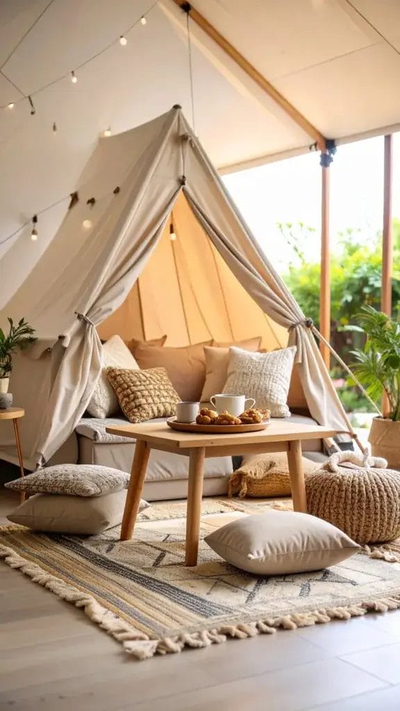 Cozy living room camping setup with a small tent, pillows, blankets and snacks.