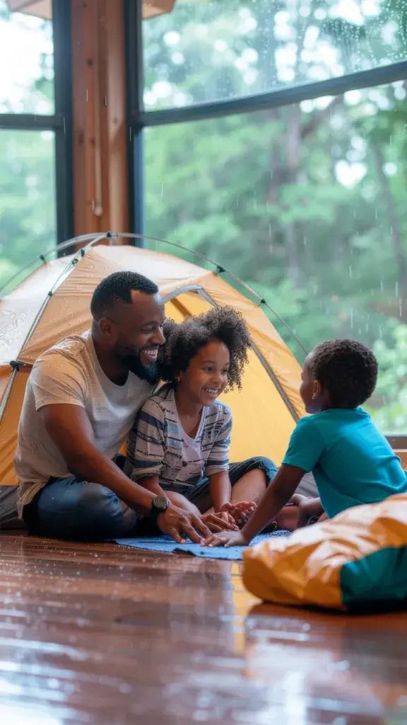 A family enjoying a camping-themed scavenger hunt indoors with a tent, sleeping bags.