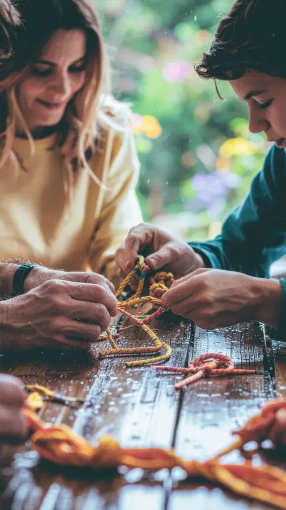 A family indoors on a rainy day, sitting around a table tying knots with ropes.