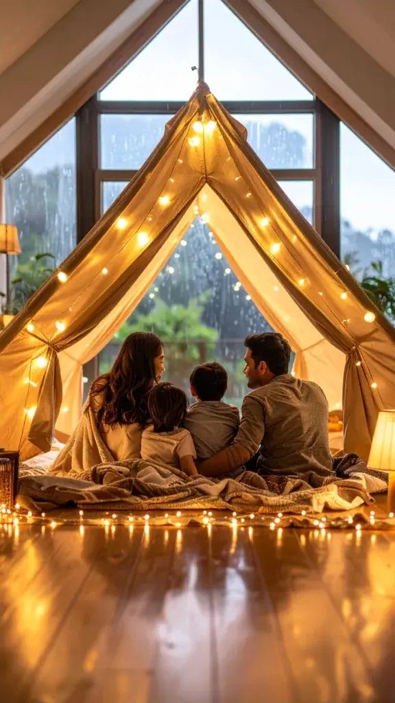 A family of four enjoying indoor camping in a cozy living room with a blanket tent.